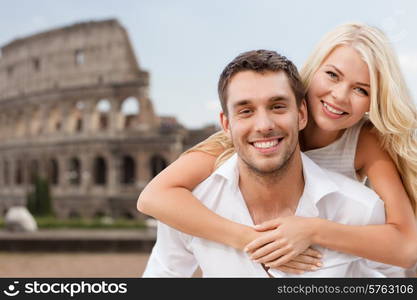 summer holidays, travel, tourism, people and dating concept - happy couple hugging over coliseum background