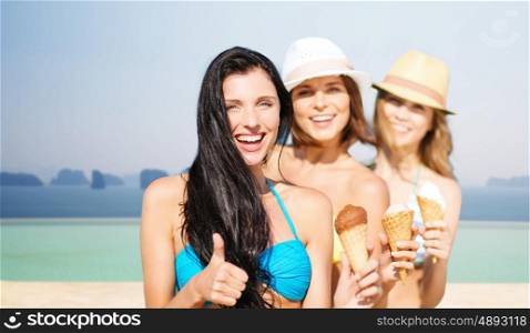 summer holidays, vacation, travel and people concept - group of smiling young women with ice cream showing thumbs up over infinity edge pool background