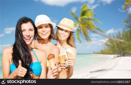 summer holidays, vacation, travel and people concept - group of smiling young women with ice cream showing thumbs up over exotic tropical beach with palm trees and sea shore background
