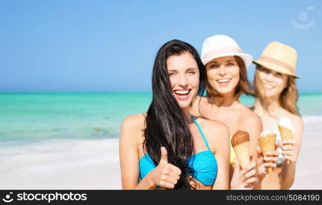 summer holidays, vacation, travel and people concept - group of smiling young women with ice cream showing thumbs up over exotic tropical beach background. group of happy young women with ice cream on beach. group of happy young women with ice cream on beach