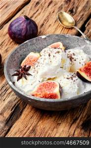 summer ice cream with figs. sundae dessert ice cream with figs in retro style