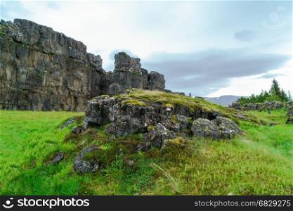 Summer Icelandic Landscape at Thingvellir National Park, Iceland. This picture shows the crest of the Mid-Atlantic Ridge