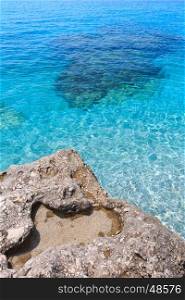 Summer Ionian sea rocky coast view (Drymades beach, Albania).