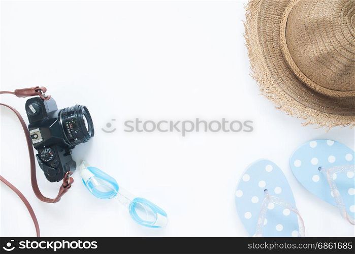 Summer items for girl on white background with copy space