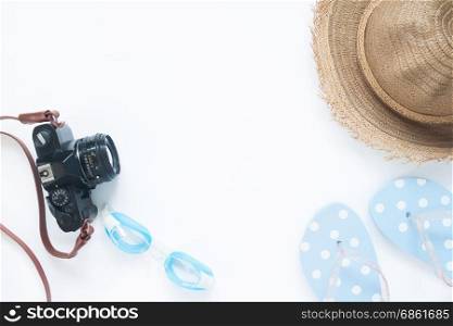 Summer items for girl on white background with copy space