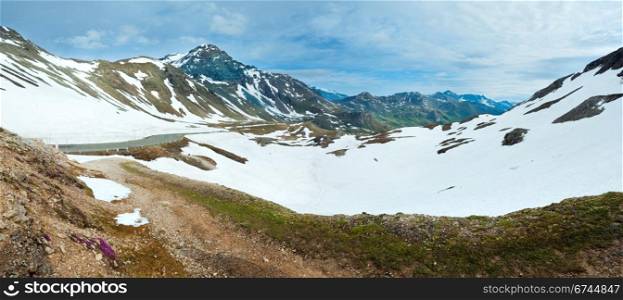 Summer (June) Alps mountain and winding road (view from Grossglockner High Alpine Road). Two shots composite picture.
