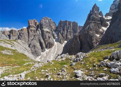summer landscape in Sella mountain, on background Piz da Lech peak and Mezdi valley, Alto Adige, Italy