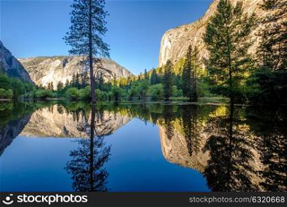 Summer landscape of Mirror Lake in Yosemite National Park Valley. California, USA.