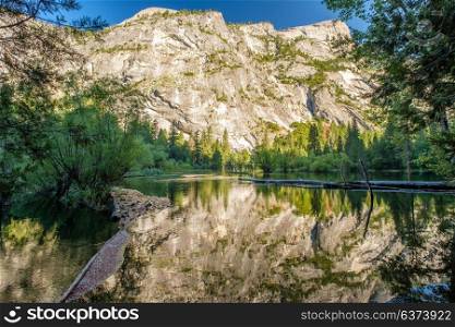 Summer landscape of Mirror Lake in Yosemite National Park Valley. California, USA.