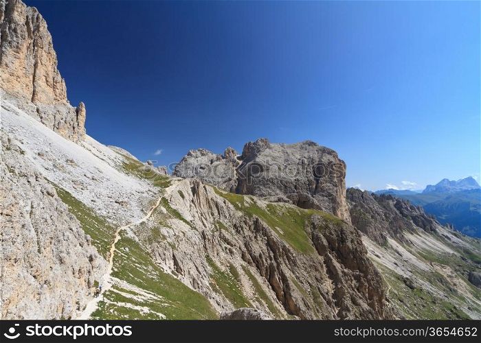 summer landscape on Catinaccio Dolomites, on background Mugoni mount