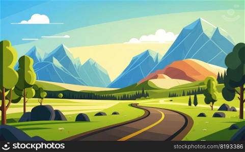 summer landscape valley road. green background, sky nature, mountain hill, countryside grass, highway spring summer landscape valley road ai generated illustration. summer landscape valley road ai generated