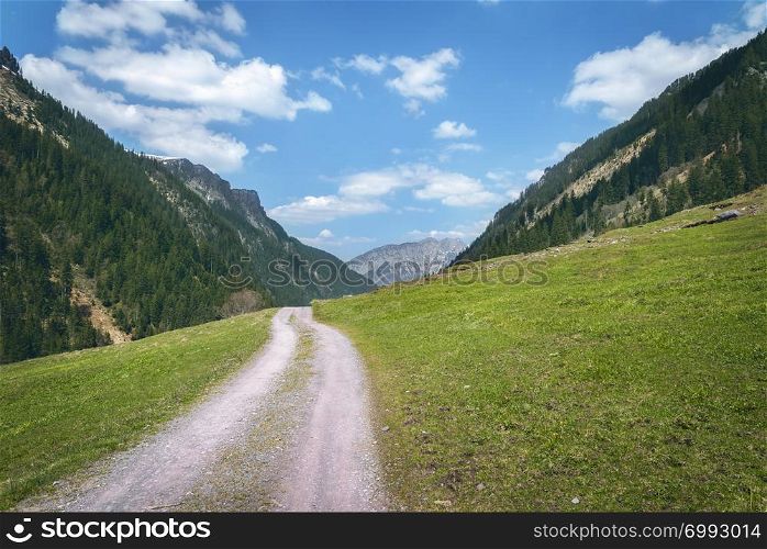 Summer landscape with a road through green valleys in the Swiss Alps mountains, on a sunny day. Spring nature with no people, in Switzerland.