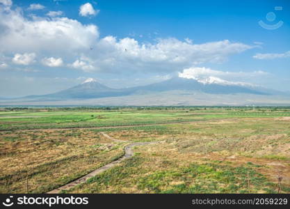 Summer landscape with Ararat mountain and field in foreground seen from Armenia. Ararat mountain and field