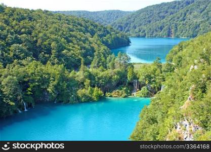 Summer landscape with beautiful waterfalls in the Plitvice Lakes in Croatia