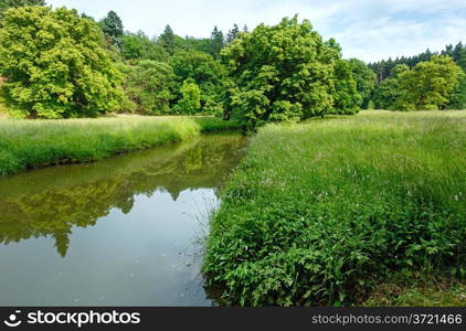 Summer landscape with canal and grassland.