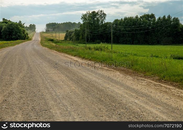 Summer landscape with empty road, trees and blue sky.. Rural road, cornfield, wood and cloudy blue sky. Classic rural landscape in Latvia.