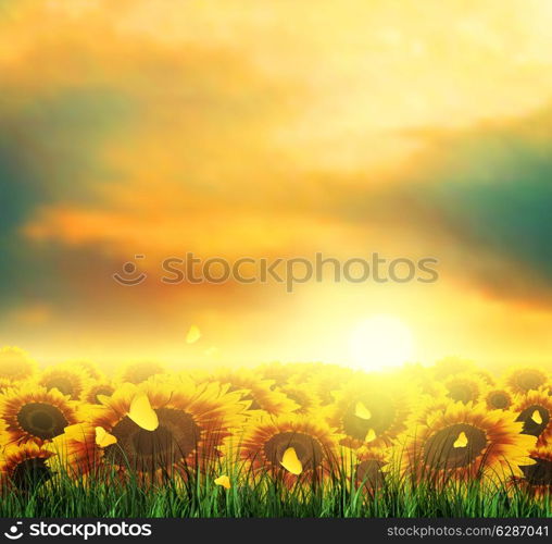 Summer Landscape With Field, Sky, Sun, Sunset, Tree, Grass, Sunflowers And Butterflies