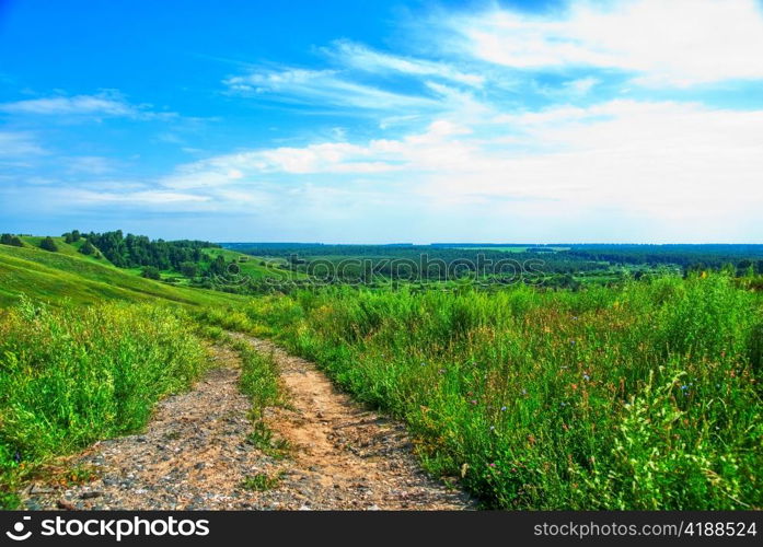 Summer landscape with green grass, road and clouds