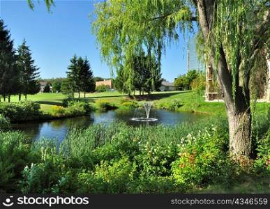 summer landscape with pond and golf course