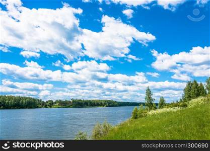 Summer landscape with the river in the Ivanovo region on a Sunny day, Russia.