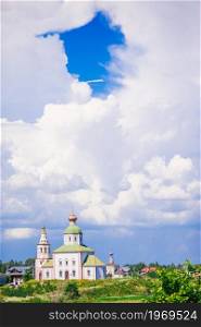 Summer landscape with views of the Suzdal Kremlin. Suzdal - is one of the cities tourist route called Golden Ring of Russia.. Summer landscape with views of the Suzdal Kremlin.