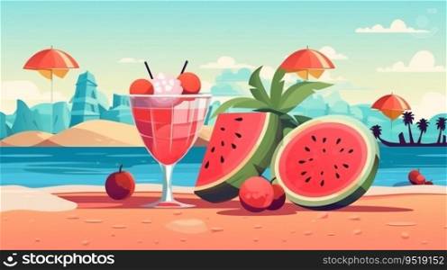 Summer landscape with watermelon and cool cocktail on the beach, flat style, AI generated. Summer landscape with watermelon and cool cocktail on the beach, flat style, AI generated.