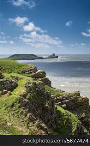 Summer landscape Worm&rsquo;s Head and Rhosilli Bay in Wales