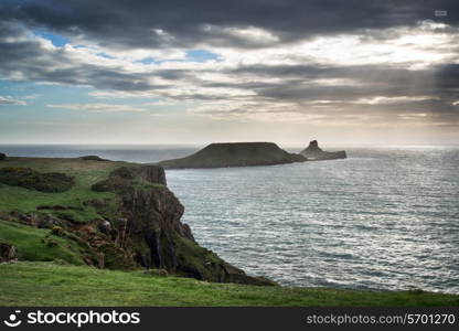 Summer landscape Worm&rsquo;s Head and Rhosilli Bay in Wales