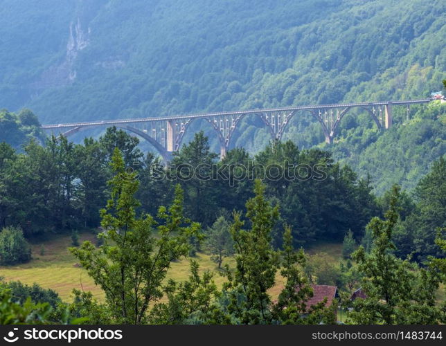 Summer misty mountain landscape with bridge(Tara Canyon, Montenegro).