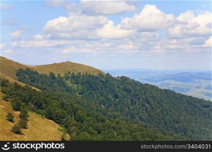 summer misty mountain landscape with green forest on slope and christian cross on top (Ukraine, Carpathian Mountains)