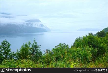 Summer misty sea coast view with low clouds (Norway).