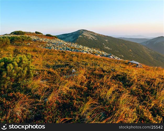 Summer morning Carpathian mountain top view from stony summit of Ihrovets Mount (Gorgany, Ukraine).