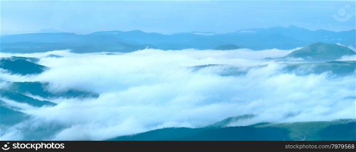 Summer morning cloudy mountain panorama view (Ukraine, Carpathian Mountains).