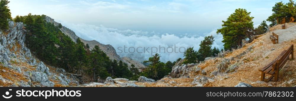 Summer morning cloudy top view of the Mount Aenos (or Ainos). Kefalonia, Greece.