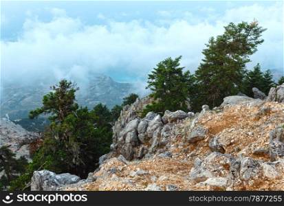 Summer morning cloudy top view of the Mount Aenos (or Ainos). Kefalonia, Greece.