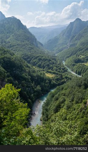 Summer morning mountain landscape, view from bridge (Tara Canyon, Montenegro).