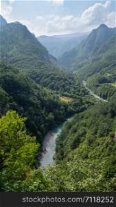 Summer morning mountain landscape, view from bridge (Tara Canyon, Montenegro).