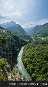 Summer morning mountain landscape with river, view from bridge (Tara Canyon, Montenegro).