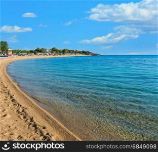 Summer morning Platanitsi beach (Chalkidiki, Greece). Blue sky with some clouds. Two shots stitch high resolution image.