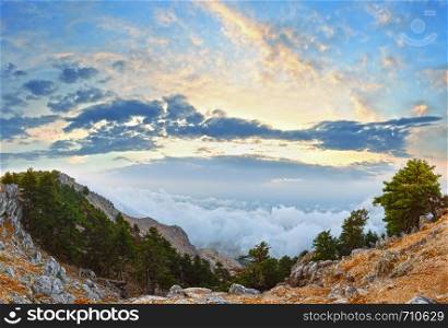 Summer morning sunrise cloudy top view of the Mount Aenos (or Ainos). Kefalonia, Greece.