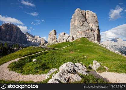 Summer mountain alpine meadow panorama. Cinque Torri, Dolomites Alps, Italy