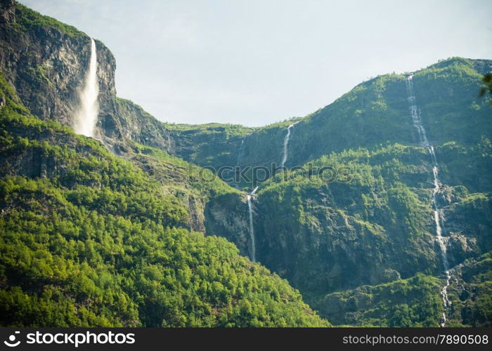 Summer mountain beautiful waterfalls in Norway fjords Europe