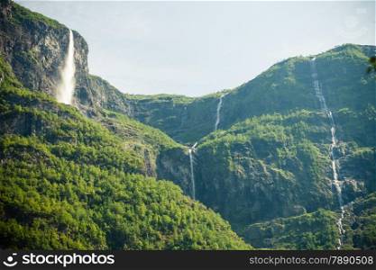 Summer mountain beautiful waterfalls in Norway fjords Europe