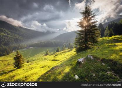 Summer mountain cloudy and sunny landscape. Dolomites Alps, Italy