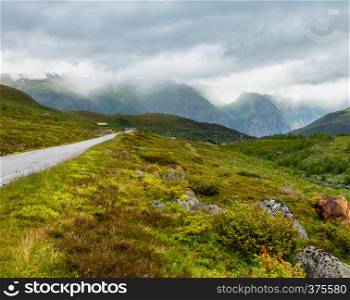 Summer mountain cloudy countryside landscape from Aurlandsfjellet National Scenic Route highlands road, Norway