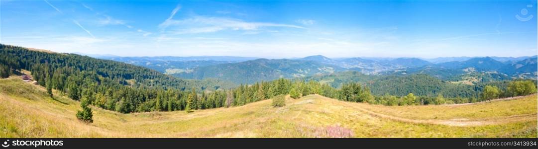 Summer mountain country panorama (Ukraine, Carpathian Mountains). Four shots stitch image.