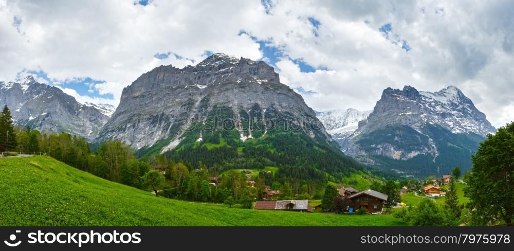 Summer mountain country panorama with snow on rock top (Switzerland)