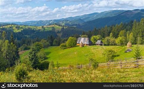 Summer mountain green glade with small country estate (Slavske village, Carpathian Mts, Ukraine).