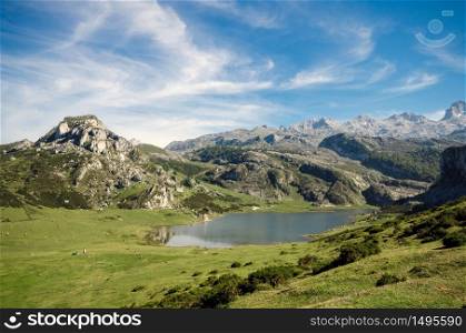 summer mountain landscape inLake Ercina, in Covadonga lakes, Asturias, Spain