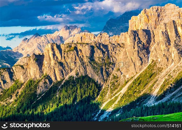 Summer mountain landscape of the Dolomites in the evening at Giau Pass in Belluno, Italy